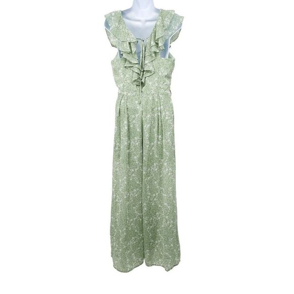 Listicle Floral Print Chiffon Ruffle Wide Leg V-Neck Jumpsuit Green Medium - Picture 3 of 11